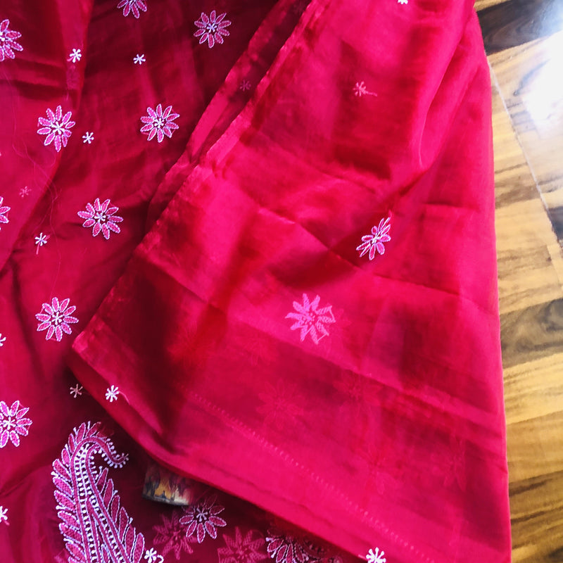 Red Organza Chikankari Saree