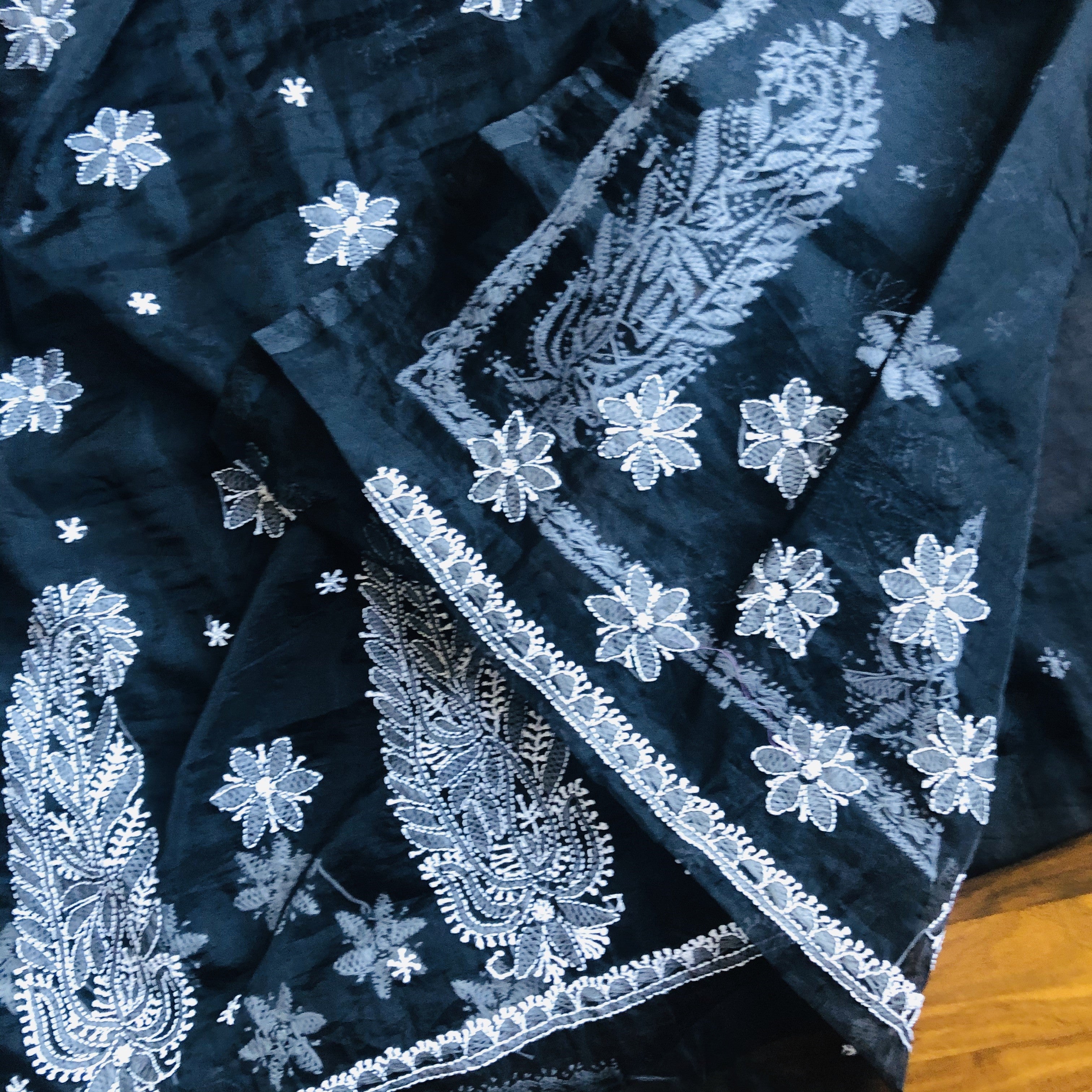 Blue Weaving Designer Lucknowi Chikankari Saree – Leemboodi