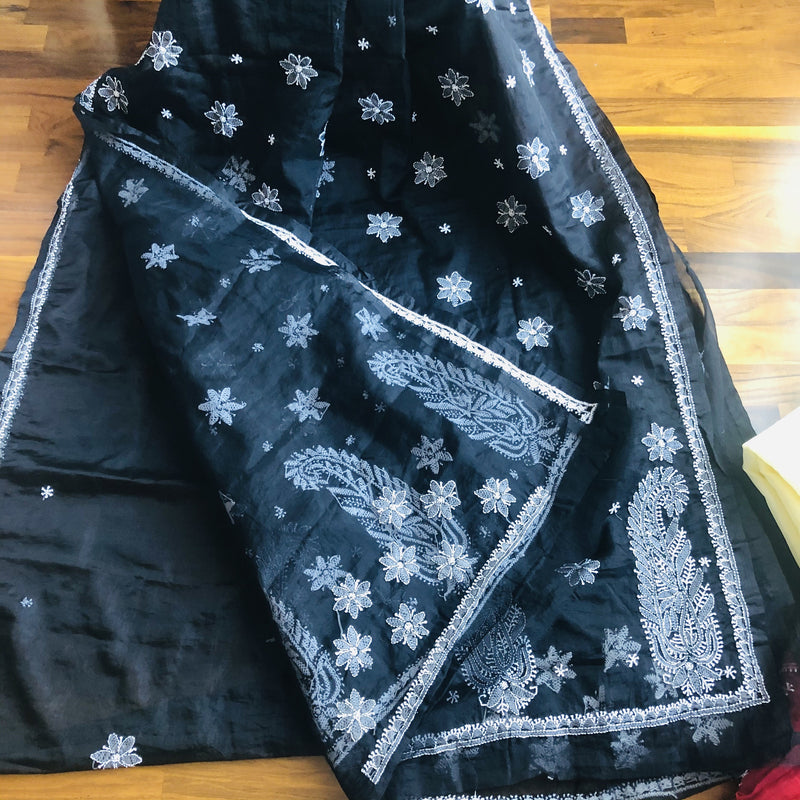 Black Chikankari Saree In Organza