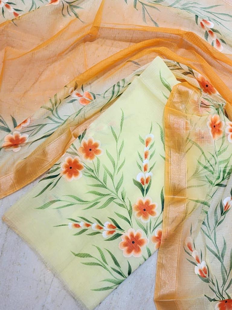 Yellow Kota Doria Hand Painting Suit