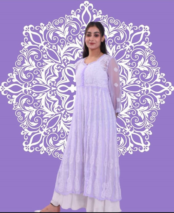 Lavandar Anarkali Kurti In Chikankari Work