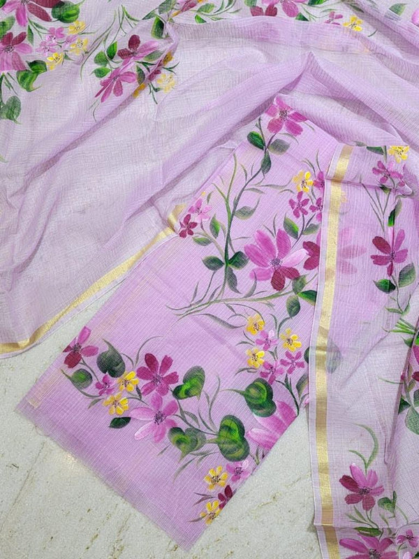 Lavender Hand Painted Cotton Kota Doria Suit With Dupatta