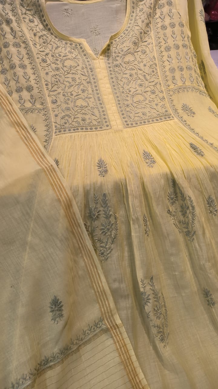 Lemon Yellow Chanderi Chikankari Semi Stitched Salwar Suit