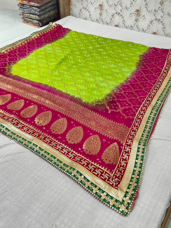 Light Green And Pink Gotapatti Bandhani Dupatta