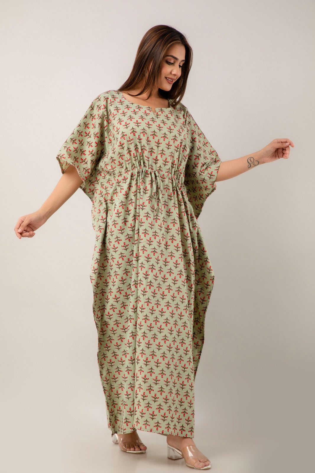 Printed Green Color Cotton Kaftan