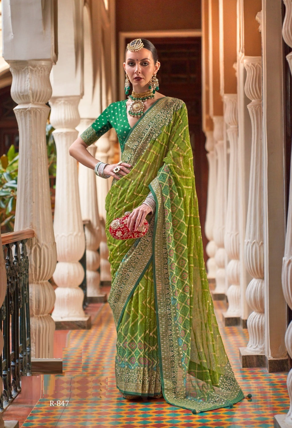 Leheriya Saree In Green, Designer Saree