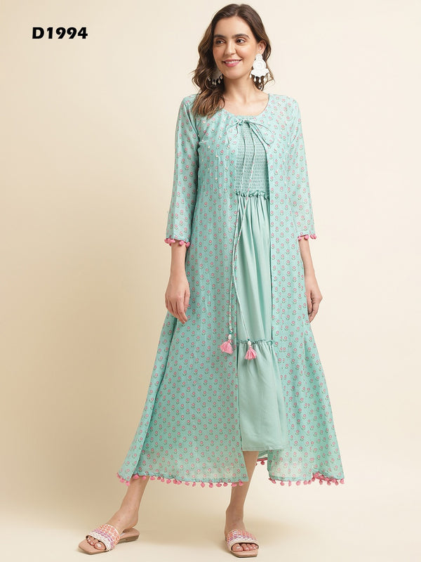 Light Green Cotton Party Wear Kurti With Shrug