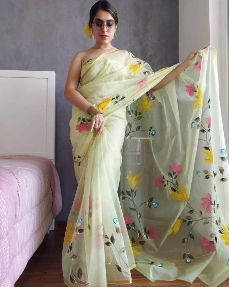 Organza Hand Painted Saree In Light Green