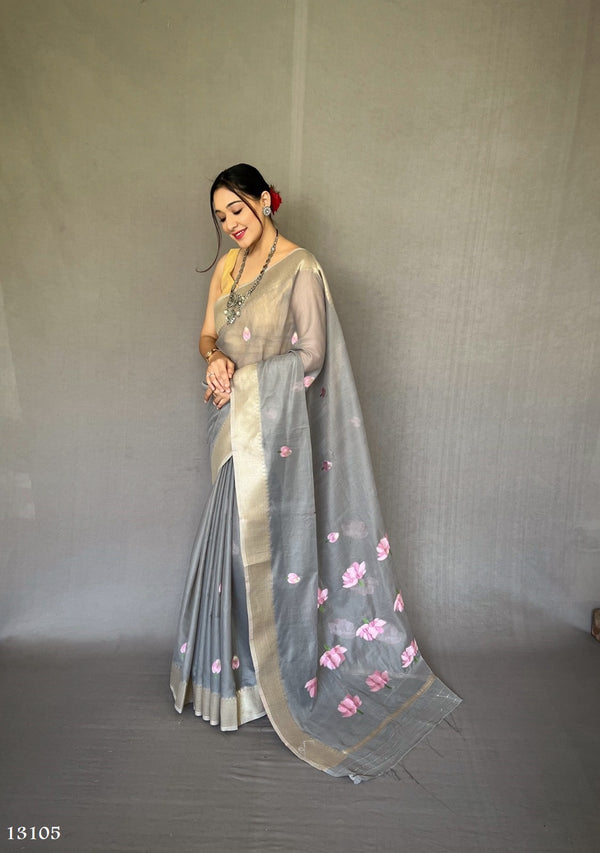 Linen Cotton saree in Grey