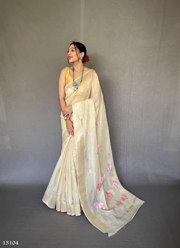 Linen Cotton saree in Cream