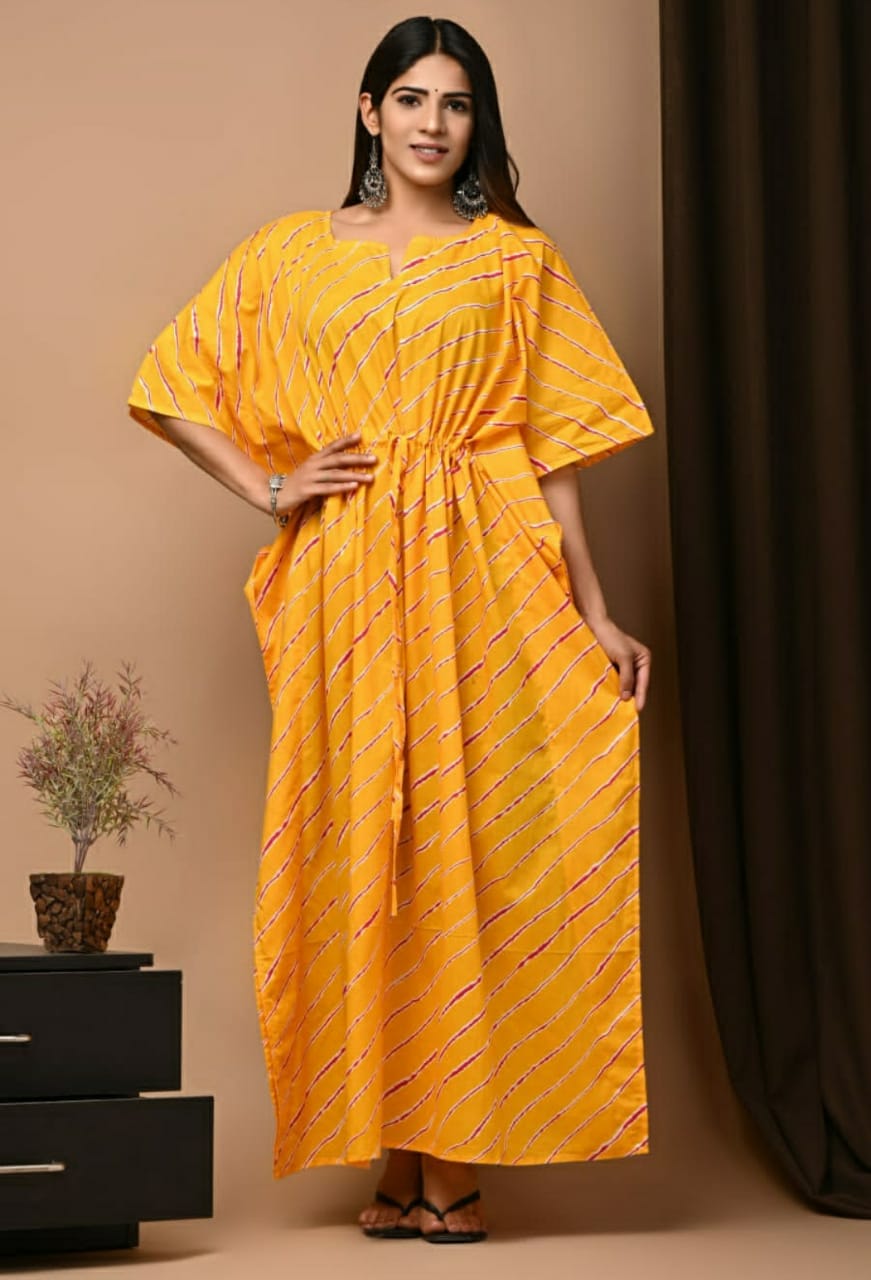 Mustard Yellow Printed Cotton Kaftan