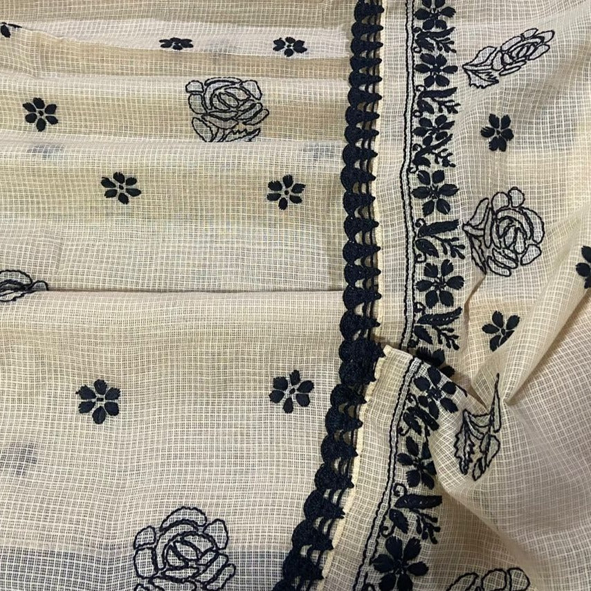 On sale White-Black Lucknowi Chikankari Kota Doria Unstitched Kurta Fabric with Kota Doria Dupatta (Set of 2)