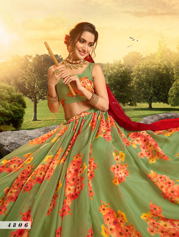 Floral Organza Lehenga In Green (Semi Stitched)