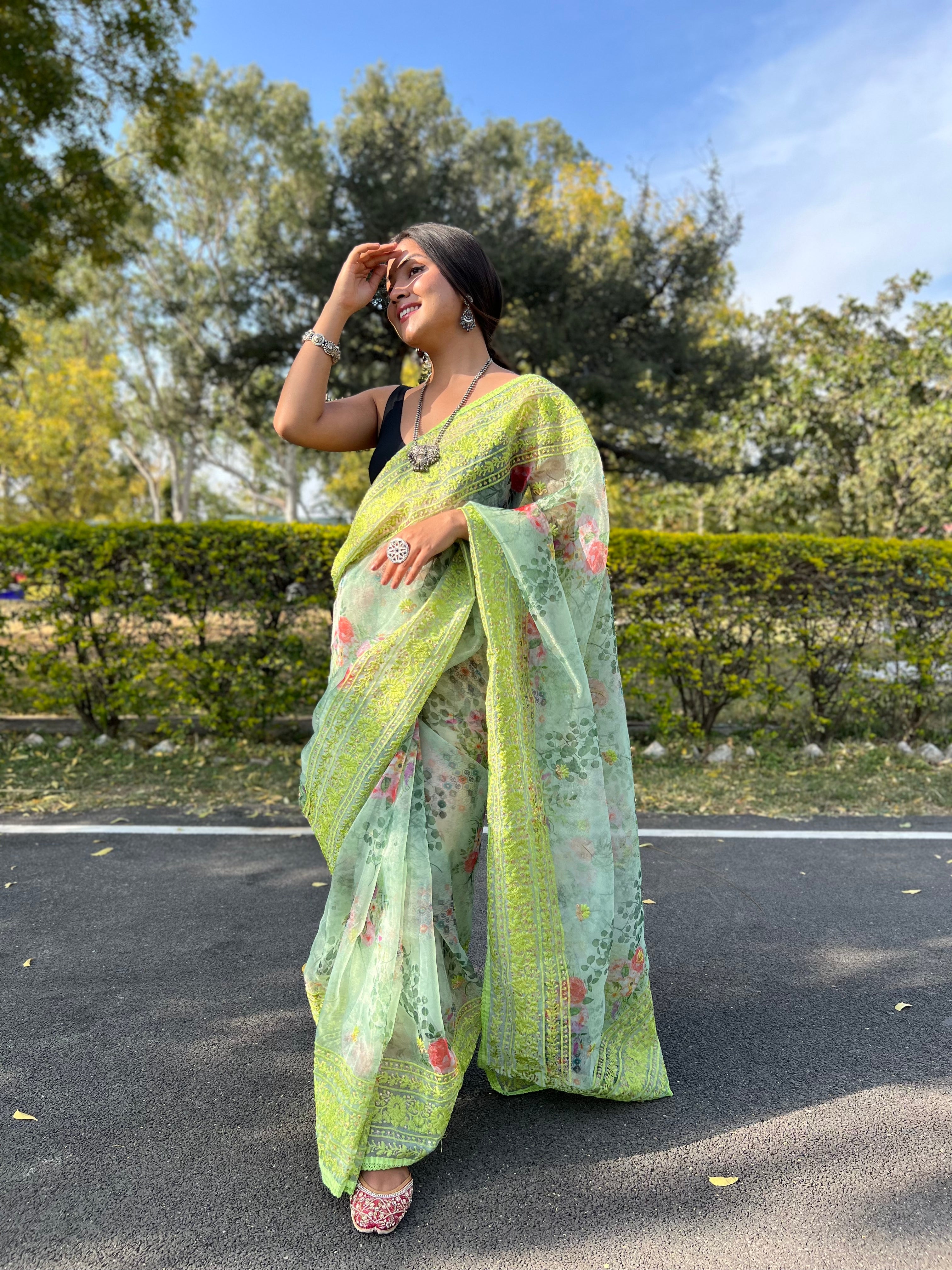 Organza Saree In Green |Designer Saree | Shop Online At Jhakhas.com ...