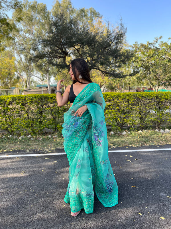 Boutique Style Saree In Teal Blue