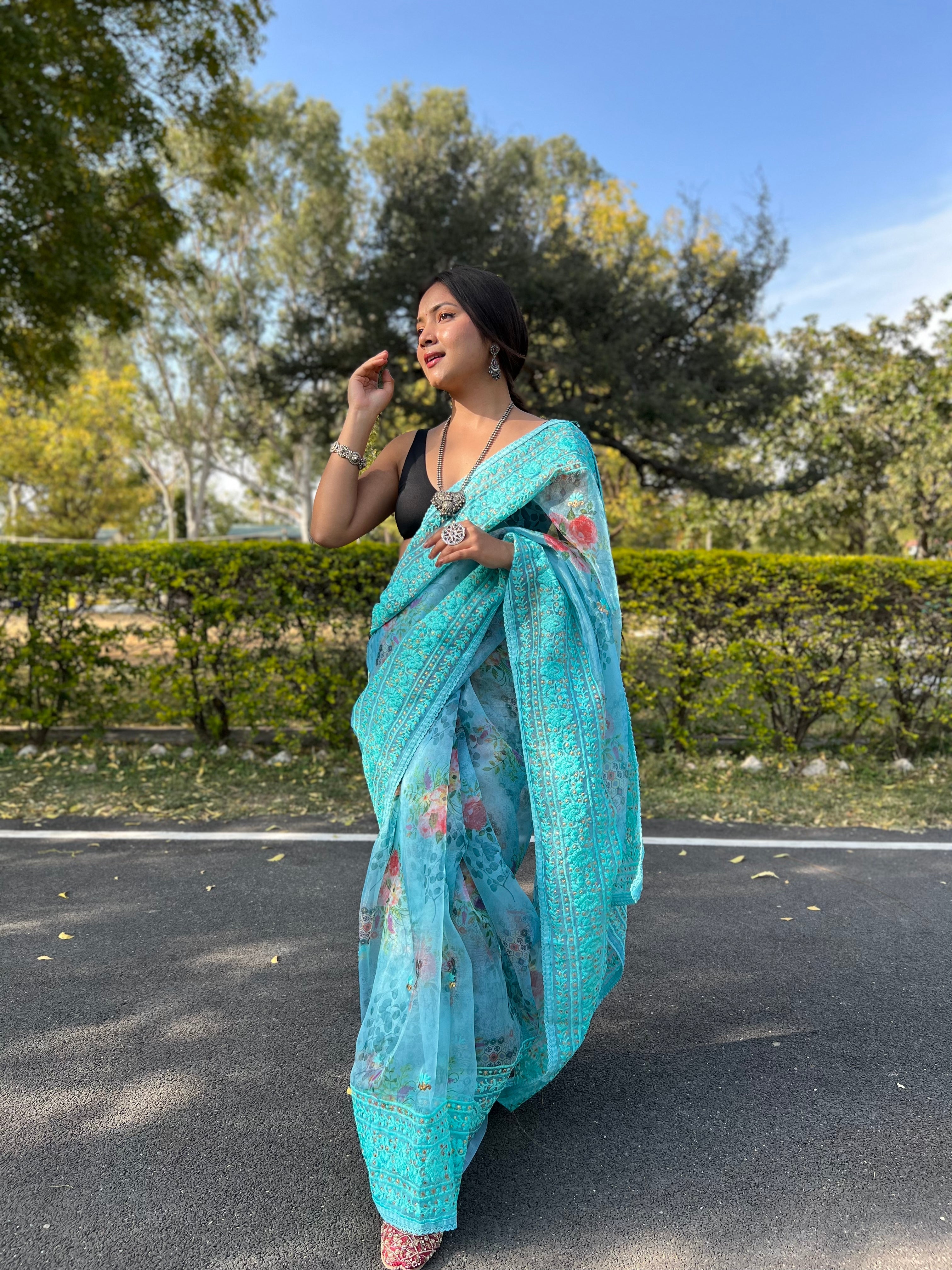 Peacock Blue Fancy Designer Saree India