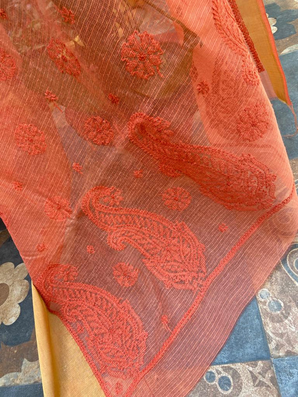 Kota Doria Chikankari Work Saree In Peach