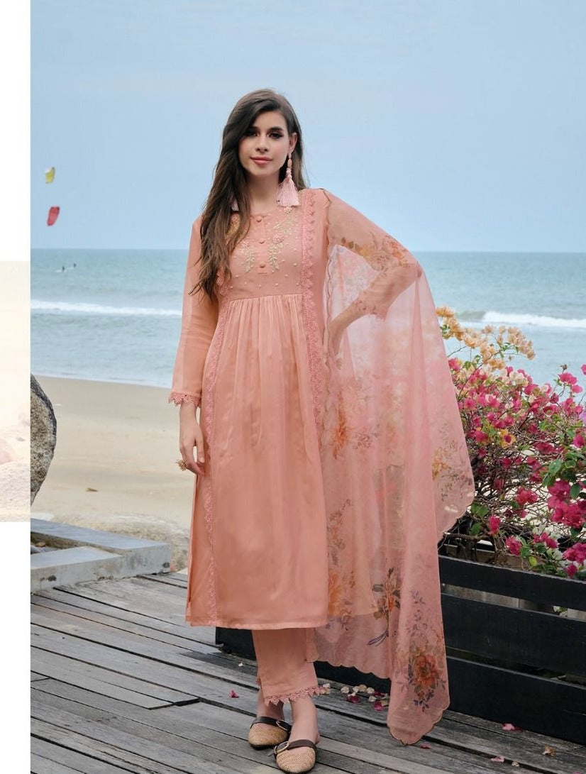 Trending Organza Suits In Peach(Readymade0