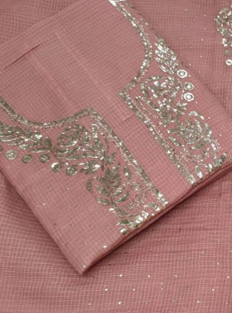 Pink Kota Silk Chinkari Salwar Suit unstitched fabric