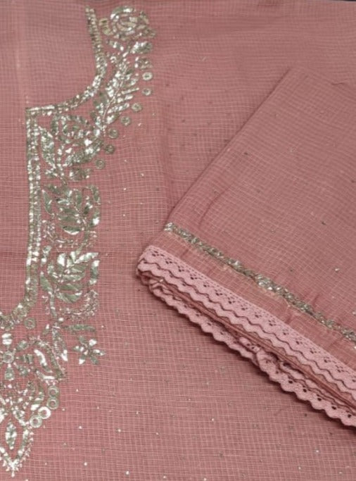 Pink Kota Silk Chinkari Salwar Suit unstitched fabric