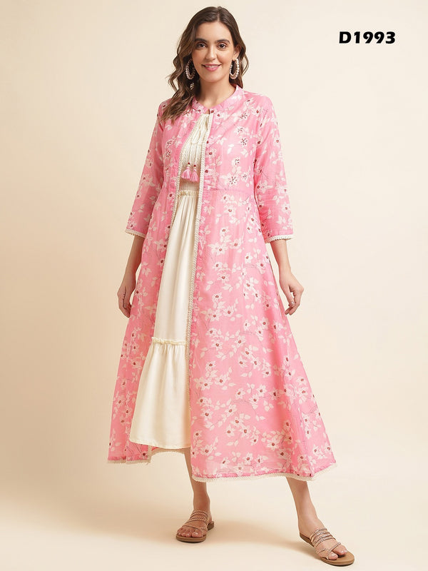 Pink Cotton Party Wear Kurti With Shrug