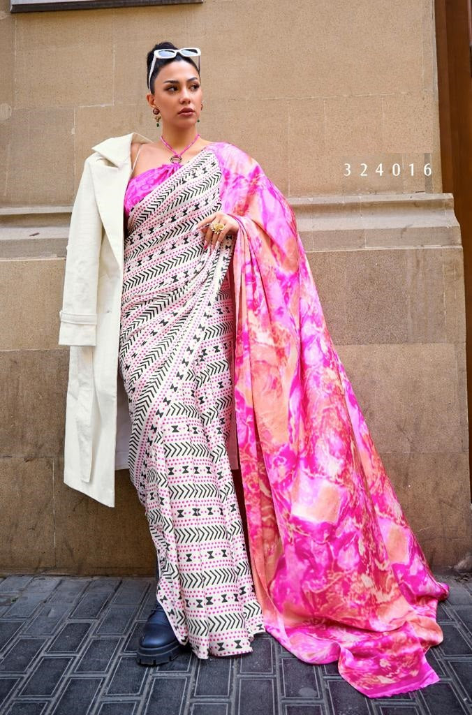 Pink Digital Print Satin Crepe Saree