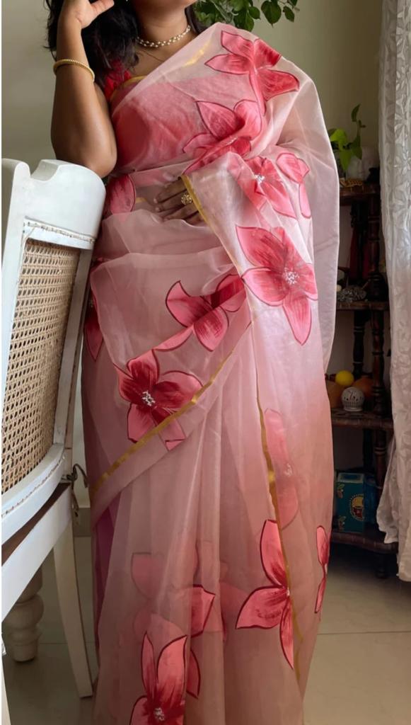 Organza Hand Painted Saree In Pink