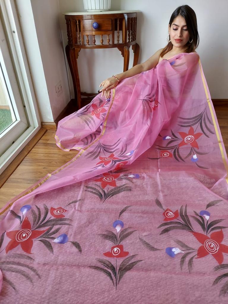 Pink Organza Hand Painted Saree