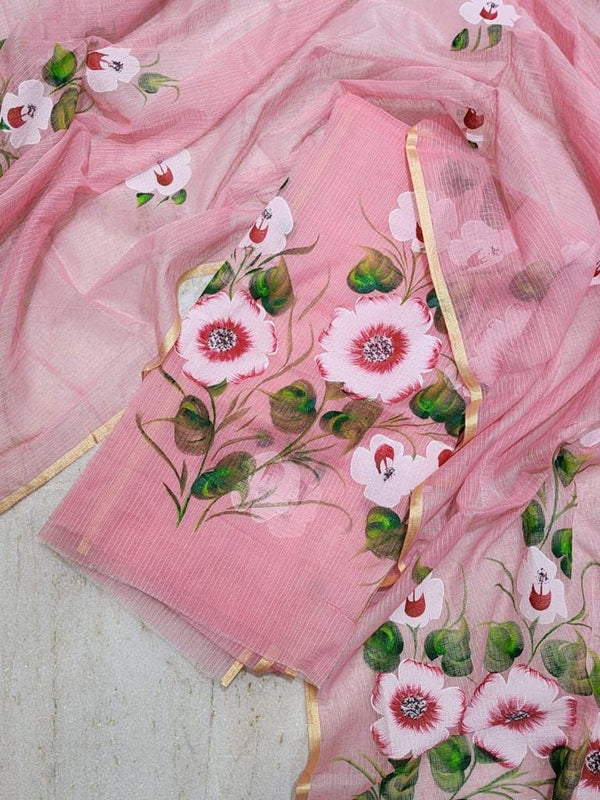 Pink Kota Doria Hand Painting Suit Set