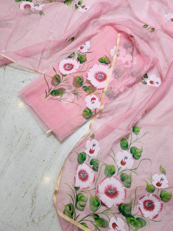 Pink Kota Doria Hand Painting Suit Set