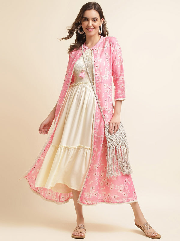 Pink Cotton Party Wear Kurti With Shrug
