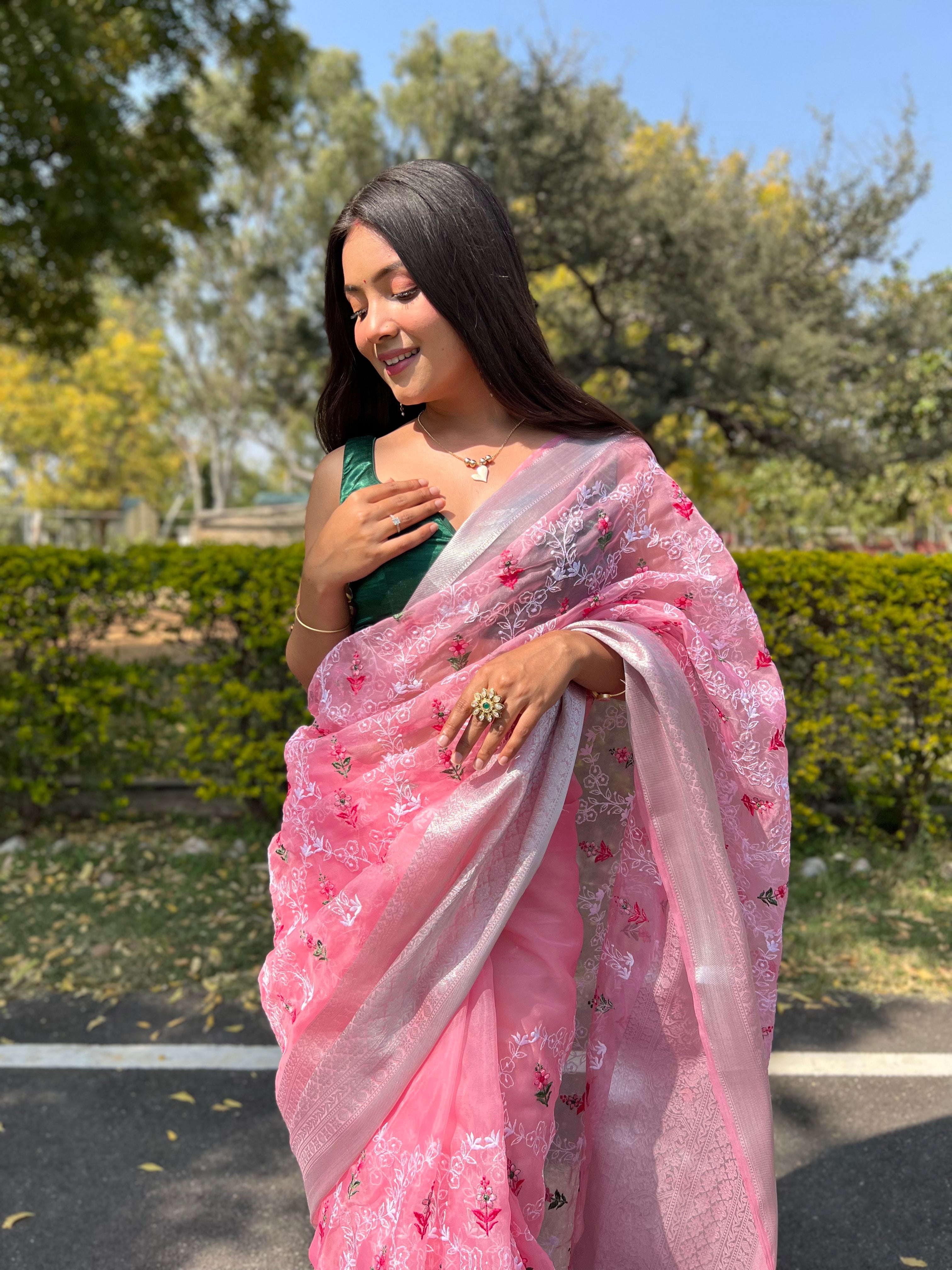 Pink Real Mirror Work Organza Saree With Matching Blouse