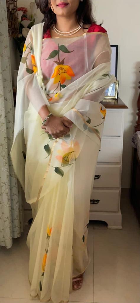 Organza Hand Painted Saree In pista Green