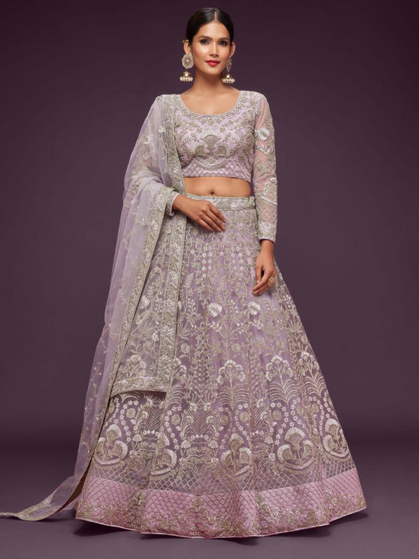Soft Net Chikankari Lehenga In Purple