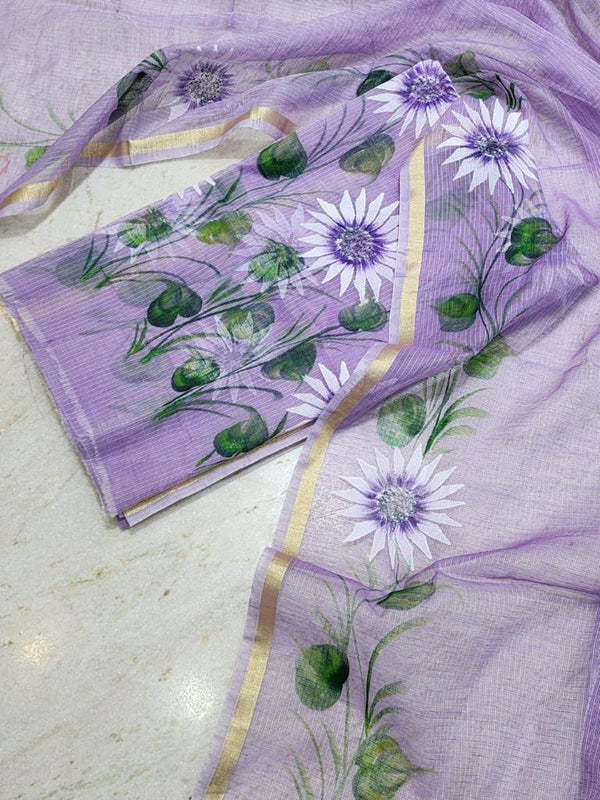 Purple Cotton Hand Painted Kota Doria Suit With Dupatta