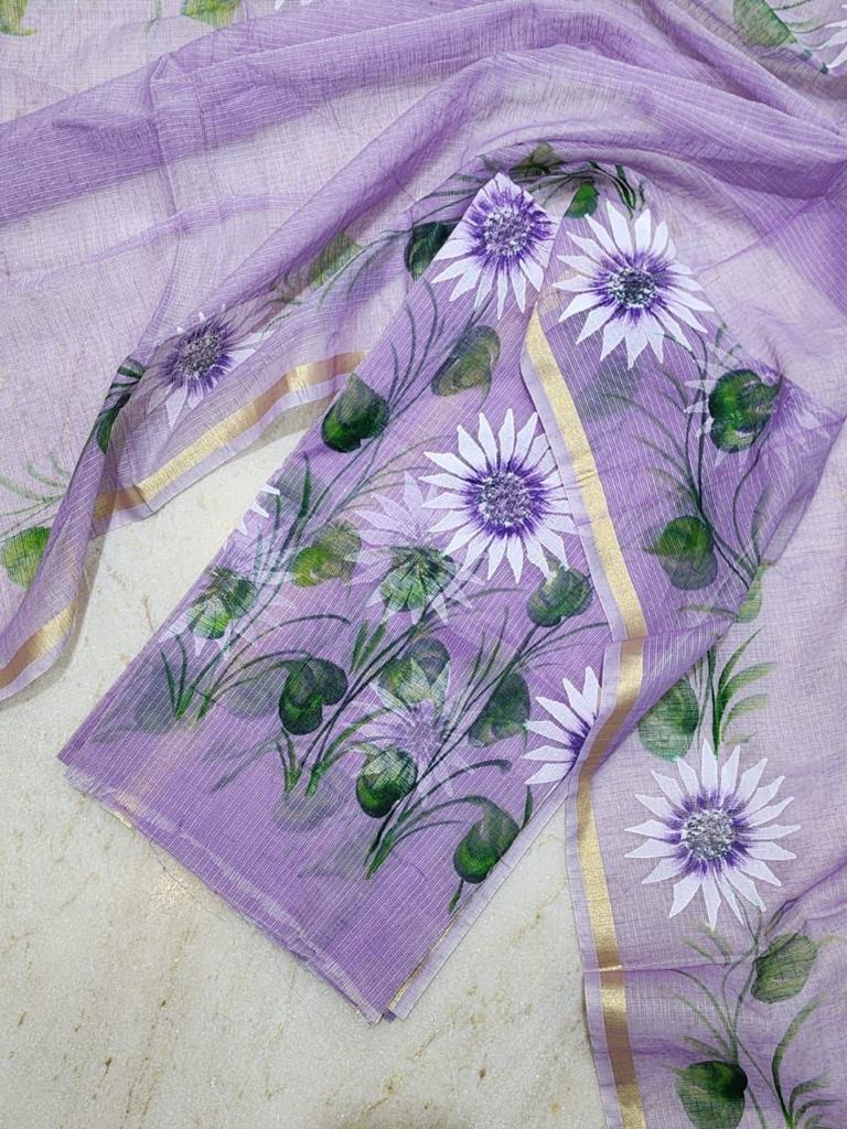 Purple Cotton Hand Painted Kota Doria Suit With Dupatta