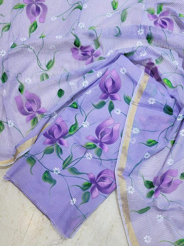 Purple Kota Doria Hand Painting Suit Set