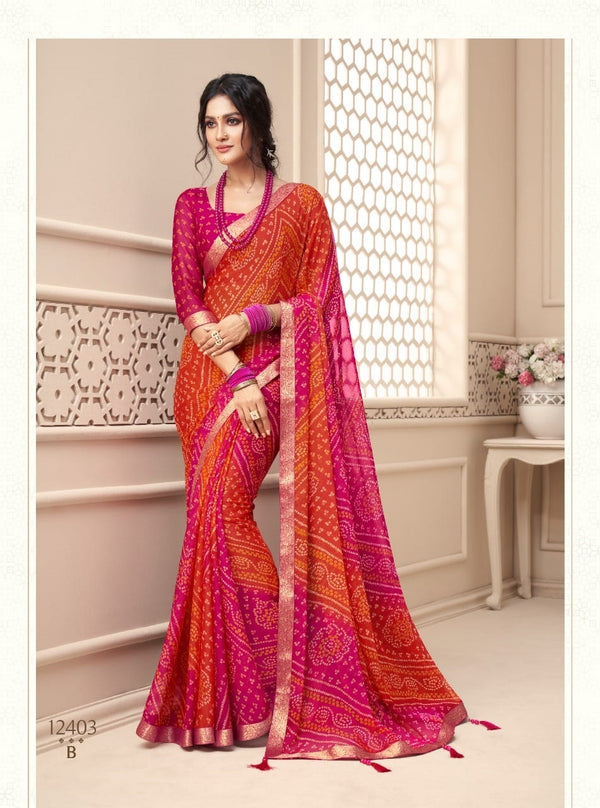 Red And Pink Bandhej Saree