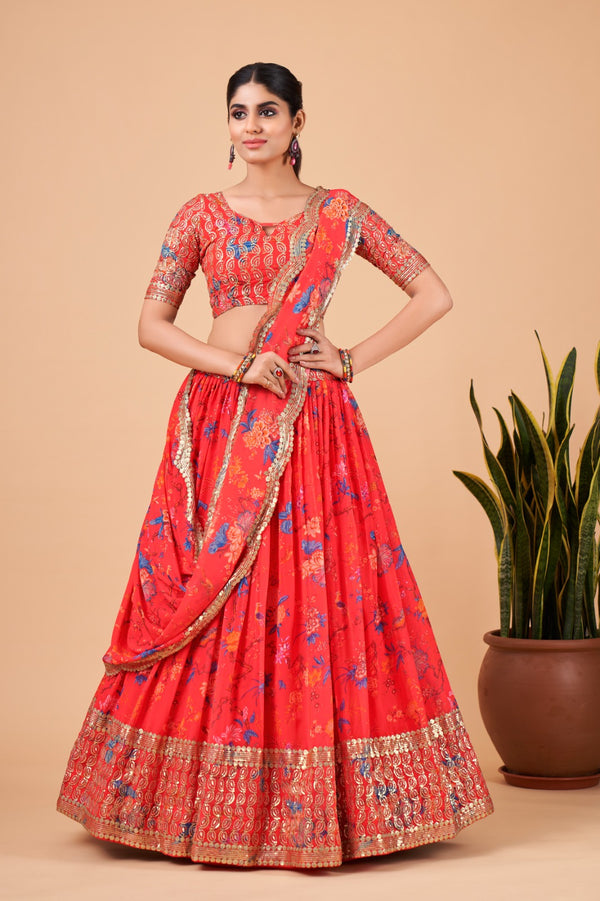 Red Floral Organza Lehenga (Semi-Stitched)