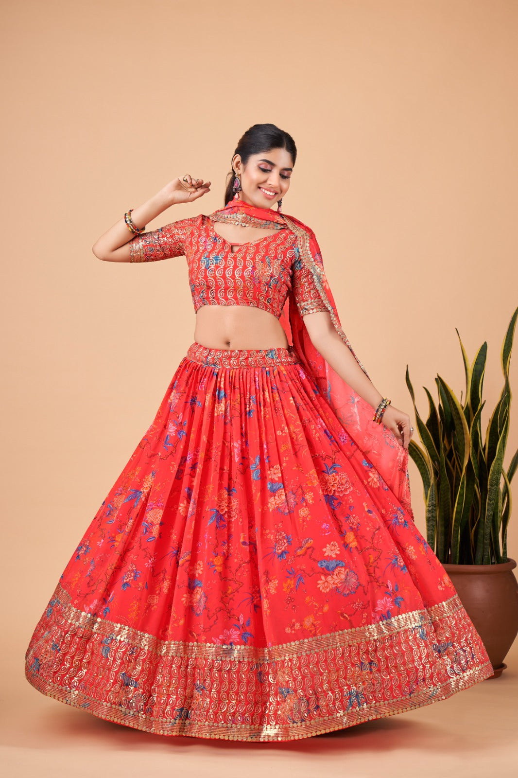 Red Faux Georgette Floral Print Zari & Sequins Embroidered Lehenga Choli  Set with Dupatta | Lehenga, Indian fashion, Lehenga choli