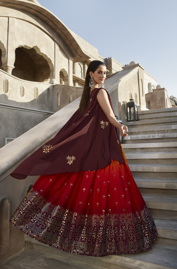 Georgette Lehenga In Red (semi Stitched)