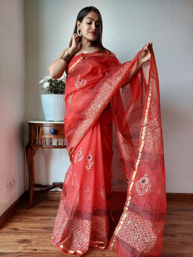 Red Handloom Weaving Organza Saree