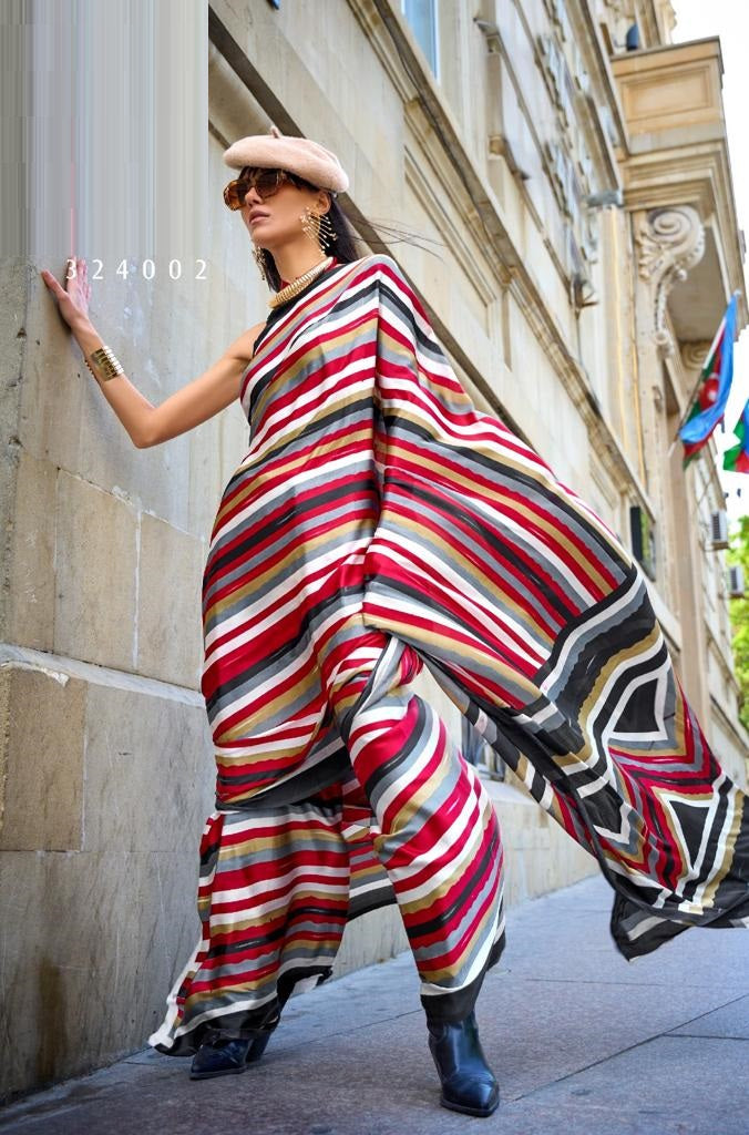 Red striped Satin Crepe Saree