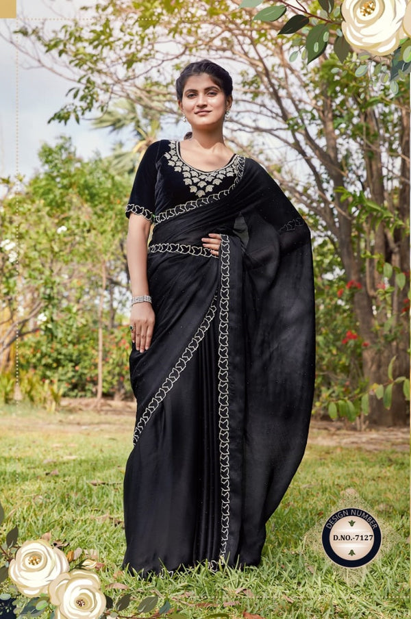 Black Satin Silk Saree