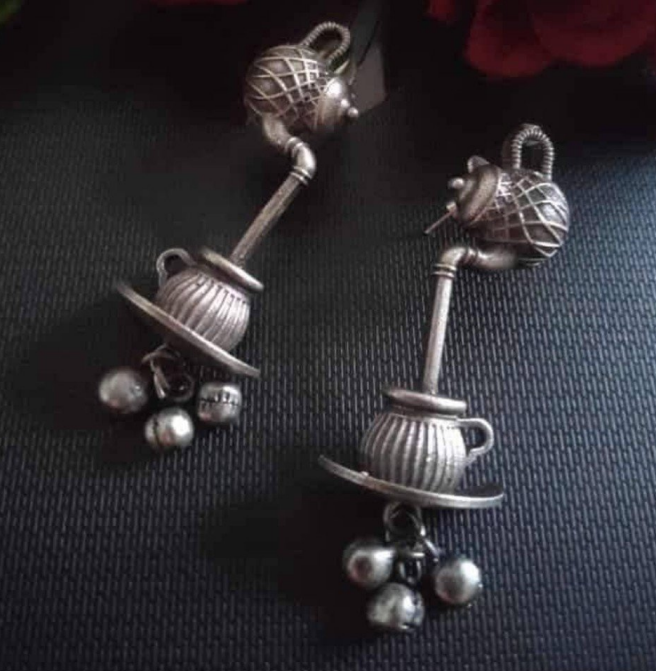 Statement Tea Pot Cup Silver Look Alike Earring Set