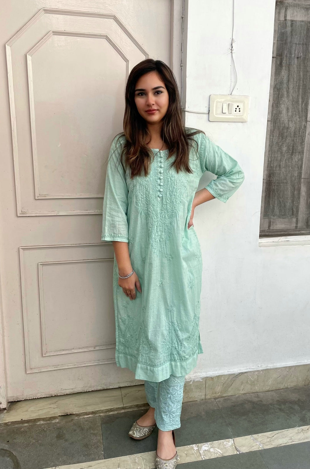Dyeable cotton Kurti With Pant in Sea Green