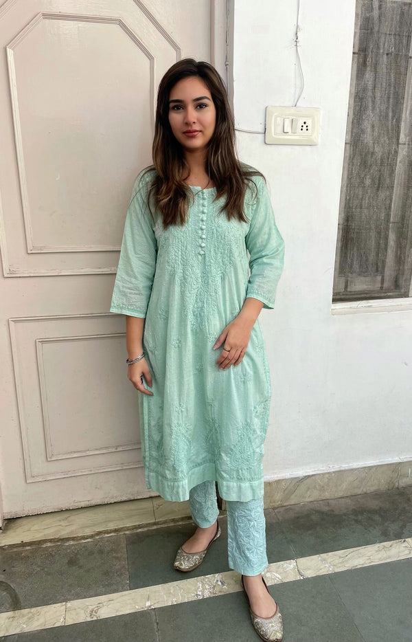 Dyeable cotton Kurti With Pant in Sea Green