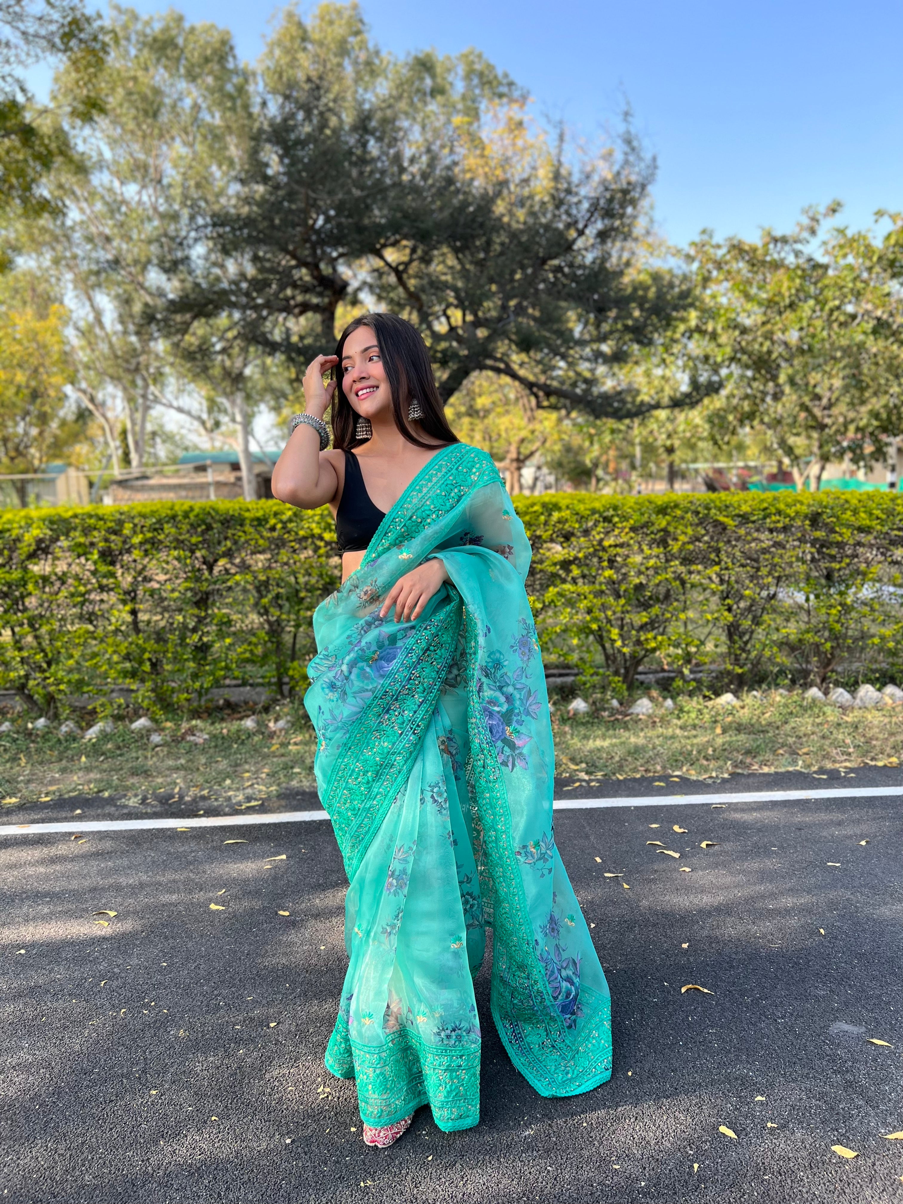 Boutique Style Saree In Teal Blue