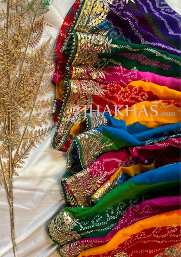 Rajasthani Traditional offers indian Silk Bandhej Heavy Bollywood Lace Saree with Same Color Blouse with gotta pati work multi color saree