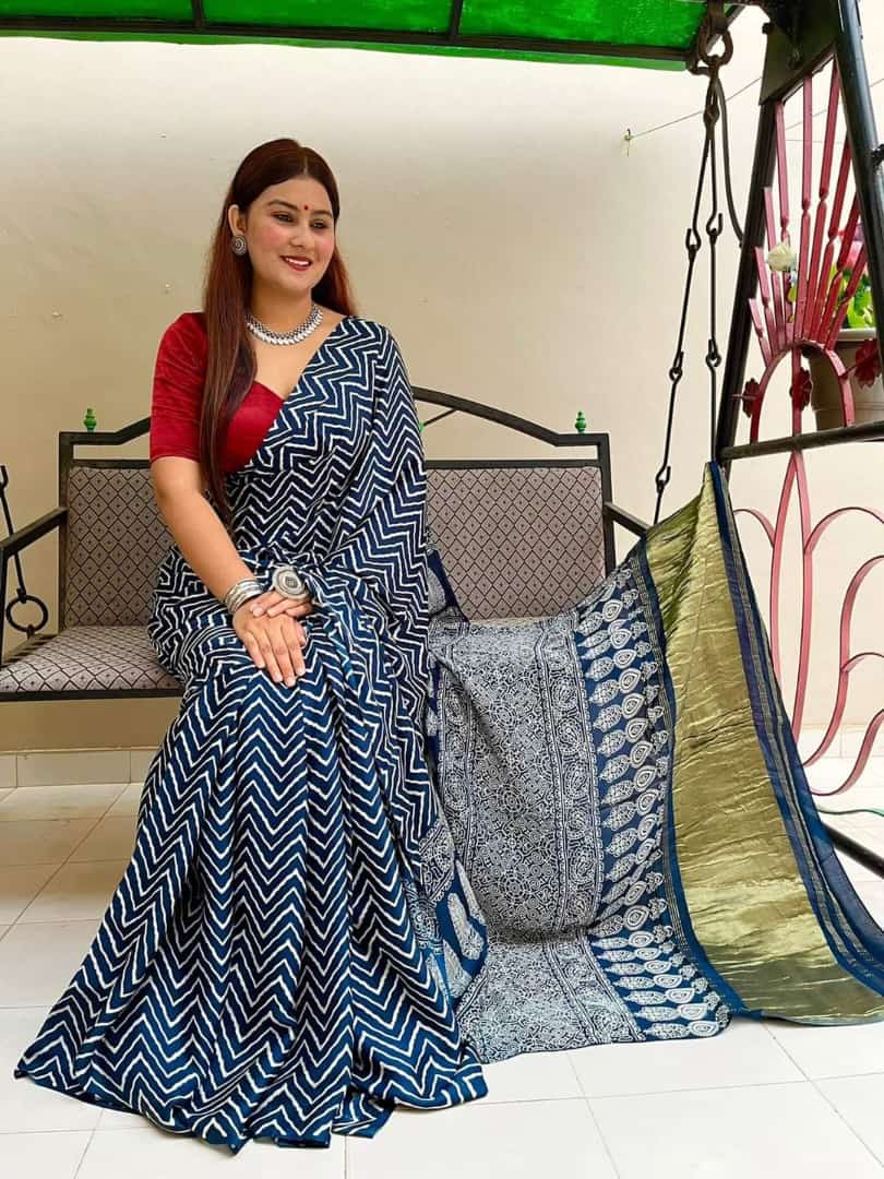Blue Modal Silk Saree In Ajrakh